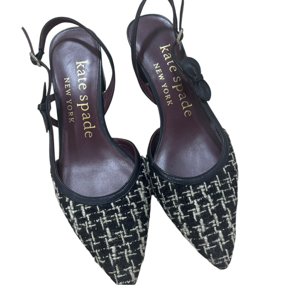 Kate Spade Midge Bow Slingback Heels in Black and White Tweed